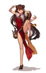  absurdly_long_hair absurdres arm_up bangs bare_legs black_panties black_survival blunt_bangs brown_eyes brown_hair china_dress chinese_clothes double_bun dress full_body hair_ribbon highres leg_lift li_dailin long_hair one_touch panties parted_lips red_dress ribbon short_sleeves side_slit simple_background slippers solo turtleneck underwear very_long_hair white_background 