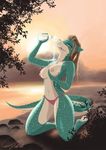  anthro areola breasts clothed clothing crocodile crocodilian female kneeling looking_at_viewer mostly_nude nipples reptile scalie smile solo thick_thighs topless waffleirony water 