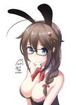  ahoge alternate_costume animal_ears bespectacled blue_eyes bow bowtie braid breasts brown_hair bunny_ears bunnysuit cleavage closed_mouth collar collarbone commentary dated from_above glasses hair_between_eyes hair_flaps hair_ornament highres kantai_collection long_hair looking_at_viewer medium_breasts nekobaka remodel_(kantai_collection) shigure_(kantai_collection) shiny shiny_hair simple_background solo twitter_username white_background 