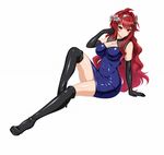  black_footwear black_gloves black_legwear boots breasts cleavage dress elbow_gloves gloves hair_ornament high_heel_boots high_heels kisaragi_setsuna kure_masahiro large_breasts long_hair looking_at_viewer official_art red_eyes shiny shiny_clothes simple_background skin_tight smile solo thigh_boots thighhighs valkyrie_drive valkyrie_drive_-siren- white_background 