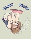  anezu blush boku_no_hero_academia brown_hair closed_eyes fetal_position floating flying_sweatdrops full_body grey_background shorts slippers solo upside-down uraraka_ochako wavy_mouth 