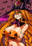  bodypaint braid breasts brown_hair crossed_arms grin hat jack-o'-lantern large_breasts long_hair looking_at_viewer majo_to_hyakkihei metallica_(majo_to_hyakkihei) naked_paint navel nipples pumpkin red_background sharp_teeth simple_background smile solo teeth twin_braids witch_hat zasshu_nigou 