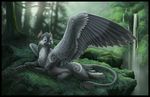  avian feathered_wings feathers feral gryphon jaxxblackfox lying male on_front outside solo waterfall wings 