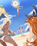  ahoge ass ball beach beachball bikini blonde_hair blue_eyes blue_sky breasts cleavage cloud dark_skin day draph eyewear_on_head granblue_fantasy homare_(homaredai) horns jumping large_breasts long_hair low-tied_long_hair multiple_girls narmaya_(granblue_fantasy) open_mouth orange_hair outdoors red_bikini red_eyes sara_(granblue_fantasy) sky sunglasses swimsuit thigh_strap twintails vee_(granblue_fantasy) water white_bikini white_hair zeta_(granblue_fantasy) zooey_(granblue_fantasy) 