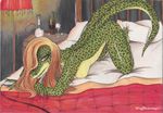  alcohol all_fours anthro bed beverage breasts crocodile crocodilian female hookah looking_at_viewer nude reptile scalie solo traditional_media_(artwork) waffleirony wine 