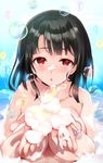  :o bangs bare_shoulders black_hair blush breasts bubble_blowing collarbone commentary_request eyebrows eyebrows_visible_through_hair hand_up hayakawa_akari highres kantai_collection large_breasts long_hair looking_at_viewer nude red_eyes short_hair soap soap_bubbles solo takao_(kantai_collection) water wet 