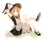  :o apron arms_behind_head black_hat black_shirt black_skirt blonde_hair bloomers bow braid frilled_apron frilled_skirt frills full_body hair_bow hair_ribbon hat hat_bow kirisame_marisa leg_up looking_at_viewer mary_janes mozukuzu_(manukedori) puffy_short_sleeves puffy_sleeves red_bow ribbon shirt shoes short_sleeves side_braid simple_background single_braid sitting skirt solo touhou tress_ribbon underwear white_apron white_background white_bow witch_hat yellow_eyes 