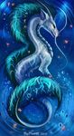  2016 ambiguous_gender black_nose blue_hair dragon flashw fur furred_dragon green_eyes hair nude solo water white_fur 
