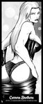  1girl ass blonde_hair breasts devil_may_cry devil_may_cry_4 large_breasts long_hair looking_back monochrome naughty_face panties trish_(devil_may_cry) undressing 