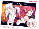  animal_ears arisaka_ako detached_sleeves earrings fang fur_trim ghost green_eyes heart jewelry multiple_girls one_eye_closed original pointy_ears red_eyes red_hair short_hair shorts smile star tail white_hair wolf_ears wolf_tail 