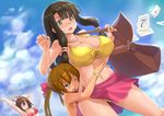  ;p amy_(suisei_no_gargantia) armpits arms_up bag bangs bare_shoulders bead_necklace beads bikini black_hair blonde_hair blunt_bangs blush bow bracelet breasts brown_hair cleavage cloud cloudy_sky collarbone cowboy_shot day female_pervert grabbing grabbing_from_behind green_eyes hair_bow hair_tubes itou_ryuusei jewelry large_breasts letter long_hair melty_(suisei_no_gargantia) messenger_bag multiple_girls navel necklace nose_blush one_eye_closed open_mouth pervert pink_bow red_bikini saaya_(suisei_no_gargantia) sarong shoulder_bag sideboob sidelocks sky stomach stretch striped striped_bikini suisei_no_gargantia surprised sweat swimsuit tongue tongue_out wardrobe_malfunction yellow_bikini yellow_eyes 