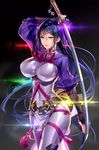  absurdres bodysuit breasts cowboy_shot diffraction_spikes fate/grand_order fate_(series) fingerless_gloves gloves hair_between_eyes highres japanese_clothes katana large_breasts long_hair looking_at_viewer minamoto_no_raikou_(fate/grand_order) murakami_yuichi parted_lips purple_bodysuit purple_eyes purple_hair revision smile solo sword very_long_hair weapon 