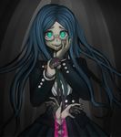  blood blue_eyes blue_hair corpse danganronpa glasses glowing glowing_eyes grey_background hand_on_own_face hands highres lilca-nereid new_danganronpa_v3 pink_blood ribbon saliva school_uniform shirogane_tsumugi simple_background smile solo_focus 