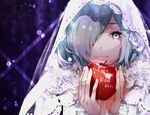  apple food fruit hair_over_one_eye kirishima_touka silver_eyes silver_hair smile solo tokyo_ghoul veil ya_4004 