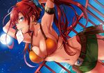  adjusting_hair armlet armpits arms_behind_head arms_up bare_shoulders bellows_(suisei_no_gargantia) belt belt_pouch bikini_top blue_eyes blush breasts cleavage closed_mouth collarbone cowboy_shot dutch_angle earrings full_moon groin hair_ornament hoop_earrings jewelry large_breasts letter long_hair looking_at_viewer moon mouth_hold navel night night_sky ocean pouch railing red_hair short_shorts shorts shouno_kotarou sidelocks sky smile solo star_(sky) starry_sky stomach suisei_no_gargantia 