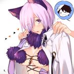  &gt;_&lt; 1girl animal_ears blush breasts cleavage closed_eyes dangerous_beast elbow_gloves fate/grand_order fate_(series) flying_sweatdrops fujimaru_ritsuka_(male) gloves hair_over_one_eye halloween_costume large_breasts looking_at_viewer mash_kyrielight purple_eyes purple_gloves purple_hair simple_background solo_focus white_background wolf_ears ya_4004 