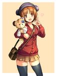  bag bandages black_legwear boko_(girls_und_panzer) brown_eyes brown_hair girls_und_panzer handbag hat highres ikomochi nishizumi_miho open_mouth red_shirt shirt short_hair skirt standing stuffed_animal stuffed_toy teddy_bear thighhighs v yellow_skirt 