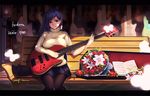  1girl bangs bass_guitar bench black_cat black_legwear blue_hair blue_skirt bouquet breast_press breasts bug butterfly candle cat company_name english fire flame flower hair_ornament high_collar holding holding_instrument insect instrument knees_together_feet_apart large_breasts long_hair long_sleeves looking_at_viewer mole mole_under_eye mr.tendou original outdoors pantyhose parted_lips petals pleated_skirt purple_eyes ribbed_sweater shade sitting skirt solo storefront sweater swept_bangs turtleneck 