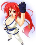  ahoge another_kung_fu_girl breasts cleavage clenched_hand dai_fuku dougi fingerless_gloves full_body gloves karate_gi large_breasts long_hair looking_at_viewer m.u.g.e.n open_mouth ponytail red_eyes red_hair solo standing very_long_hair 