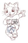  anthro ball cat clothed clothing ears_up feline gloves head_tuft jumping legwear looking_down mammal mascot monochrome open_mouth raised_eyebrows russian shirt shorts simple_background smile soccer soccer_ball socks sport t-shirt the_cat_(fifa_russia_2018_mascot) tiger toeless_socks whiskers white_background 