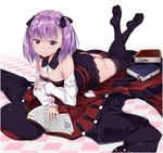 &gt;:) ass black_legwear black_panties black_ribbon blush book breasts checkered checkered_floor cleavage clothes_on_floor coat detached_collar detached_sleeves dress fate/grand_order fate_(series) fingernails hair_ribbon hat hat_removed headwear_removed helena_blavatsky_(fate/grand_order) highres legs_up looking_at_viewer lying nishimi_shin no_shoes on_stomach open_book panties purple_eyes purple_hair ribbon small_breasts smile solo the_pose thighhighs twintails underwear v-shaped_eyebrows white_sleeves 