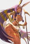  ass bangle blonde_hair bracelet breasts commentary_request dark_skin earrings egyptian egyptian_clothes facial_mark fate/grand_order fate_(series) hairband highres hoop_earrings jewelry lack long_hair medium_breasts multicolored_hair nitocris_(fate/grand_order) purple_eyes purple_hair simple_background slit_pupils smile solo staff transparent_skirt two-tone_hair underboob very_long_hair white_background yellow_eyes 