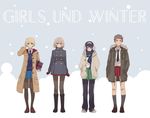  blonde_hair blue_eyes blush braid brown_eyes brown_hair coat darjeeling freckles girls_und_panzer gloves hands_in_pockets hao_(udon) highres itsumi_erika jacket multiple_girls naomi_(girls_und_panzer) necktie ooarai_school_uniform pants pantyhose pleated_skirt red_skirt reizei_mako saunders_school_uniform scarf school_uniform serafuku shoes skirt sneakers snow st._gloriana's_school_uniform sweater track_pants wide-eyed winter 