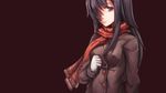  artist_request black_hair burn_scar coat gloves highres ikezawa_hanako katawa_shoujo long_hair one_eye_covered purple_eyes purple_hair scar scarf simple_background smile solo winter_clothes winter_coat 