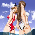  ass bare_shoulders breasts brown_eyes brown_hair commentary_request green_eyes headgear kantai_collection kantai_collection_(anime) large_breasts long_hair midriff multiple_girls mutsu_(kantai_collection) nagato_(kantai_collection) one-piece_swimsuit radio_antenna shiba_cyon short_hair swimsuit 