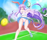  :d alternate_costume animal_ears armpits ball bare_arms bare_shoulders blue_skirt blush bunny_ears commentary_request day field floating_hair highres kou_(inaba) long_hair looking_away navel open_mouth panties pantyshot pantyshot_(standing) purple_hair racket red_eyes reisen_udongein_inaba shoes skirt sleeveless smile sneakers solo sportswear standing stomach tennis_ball tennis_racket tennis_uniform touhou underwear very_long_hair white_panties 