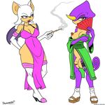  anthro bat big_breasts breasts chameleon cigarette cigarette_holder clothing dickgirl doomington duo espio_the_chameleon footwear hand_fan humanoid_penis intersex japanese_clothing kimono kunai lizard mammal partially_retracted_foreskin penis reptile rouge_the_bat sandals scalie smoke smoking sonic_(series) soulteam uncut weapon wide_hips 