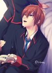  bed book brown_hair green_neckwear little_busters! looking_up male_focus manga_(object) multiple_boys naoe_riki natsume_kyousuke necktie open_mouth red_eyes satomi_yoshitaka school_uniform sitting solo_focus standing 