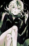  anger_vein character_name crossed_legs curly_hair highres looking_at_viewer monochrome one-punch_man short_hair sitting solo tatsumaki teeth ya_4004 
