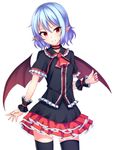  ascot bat_wings black_legwear blue_hair breasts choker frilled_skirt frills highres junior27016 no_hat no_headwear pointy_ears red_eyes red_skirt remilia_scarlet short_hair simple_background skirt small_breasts smile solo thighhighs touhou white_background wings wrist_cuffs zettai_ryouiki 