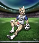  anthro arctic_wolf ball canine clothed clothing football_(disambiguation) mammal mascot russian shorts smile soccer soccer_ball sport standing wolf zabivaka 