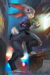  2016 alley anthro clothing dart_gun disney female judy_hopps lagomorph mammal miles_df night pants purple_eyes rabbit raining smile solo tongue tongue_out uniform wanted_poster window zootopia 