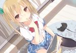  artist_request black_legwear blonde_hair controller eating fingers_to_mouth from_above long_hair netoge_no_yome_wa_onna_no_ko_janai_to_omotta? on_floor plaid plaid_skirt red_eyes segawa_akane short_sleeves skirt solo thighhighs twintails 