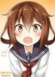  ahoge artist_name blush brown_eyes brown_hair collarbone commentary_request dated eyebrows eyebrows_visible_through_hair fang gradient gradient_background hair_between_eyes highres ikazuchi_(kantai_collection) kamelie kantai_collection looking_at_viewer open_mouth orange_background school_uniform shiny shiny_hair shirt simple_background solo white_background white_shirt 