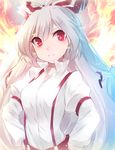  bad_id bad_pixiv_id breasts fiery_wings fire fujiwara_no_mokou highres long_hair looking_at_viewer medium_breasts mizukami_ryouma pants shirt solo suspenders touhou very_long_hair white_hair white_shirt 