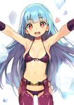  armpits bikini blue_hair blush breasts chaps cleavage gloves kula_diamond long_hair looking_at_viewer medium_breasts navel open_mouth outstretched_arms red_eyes shunin smile solo spread_arms swimsuit the_king_of_fighters 