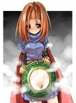  arm_warmers barbara belt blue_dress blush cape dragon_quest dragon_quest_vi dress gloves high_ponytail mirror no_pussy orange_hair purple_eyes shikapu smile solo x-ray 