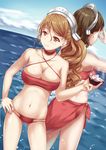  adjusting_eyewear alcohol back-to-back bd bikini breasts brown_eyes brown_hair cup day drinking_glass dutch_angle glasses hand_on_hip highres kantai_collection large_breasts littorio_(kantai_collection) long_hair multiple_girls ocean pince-nez ponytail red_bikini roma_(kantai_collection) sarong short_hair swimsuit water wine wine_glass 
