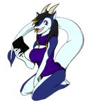  2016 3ds anthro black_hair bottomless breasts clothed clothing dragon female hair horn keyhole_turtleneck nintendo purple_eyes solo spade_tail sweater swissy video_games yannapix 