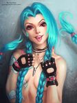  \m/ artist_name ayya_saparniyazova black_gloves blue_hair blue_nails braid breasts bullet bullet_necklace covering covering_breasts deviantart_username eyebrows eyelashes fingerless_gloves fingernails gloves head_tilt highres holding holding_hair jewelry jinx_(league_of_legends) league_of_legends long_fingernails long_hair looking_at_viewer nail_polish necklace no_bangs parted_lips piercing pink_eyes pink_lips pink_nails small_breasts solo tattoo teeth tongue tongue_out tongue_piercing twin_braids twintails upper_body very_long_hair watermark web_address 