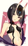  bare_shoulders black_hair clothes_lift eyeliner fate/grand_order fate_(series) hair_ornament horns japanese_clothes kimono looking_at_viewer makeup navel off_shoulder oni purple_eyes short_hair shuten_douji_(fate/grand_order) smile solo ya_4004 
