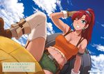  &gt;:) ;) armlet armpits bare_shoulders bellows_(suisei_no_gargantia) belt blue_eyes breasts brown_gloves cleavage cloud cloudy_sky collarbone day dutch_angle earrings garter_straps gloves grin groin hair_tubes high_ponytail hoop_earrings itou_yuuji jewelry knee_up large_breasts long_hair looking_at_viewer navel one_eye_closed red_hair short_shorts shorts sidelocks sky smile solo stomach suisei_no_gargantia tank_top thighhighs translation_request v-shaped_eyebrows white_legwear 