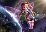  :d alternate_legwear american_flag_dress american_flag_legwear blonde_hair boy's_club breasts city_lights clownpiece commentary dress earth eyebrows eyebrows_visible_through_hair fairy_wings fii_fii_(feefeeowo) floating frog hat highres index_finger_raised light_rays lips long_hair looking_at_viewer make_america_great_again medium_breasts meme neck_ruff open_mouth pepe_the_frog pink_eyes planet red_hat short_dress short_sleeves smile smug solo space star star_(sky) star_print striped striped_dress striped_legwear sunbeam sunlight thighhighs touhou wings zettai_ryouiki 