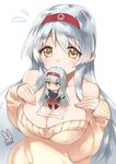  blush breasts brown_hair chibi cleavage figure goodsmile_company hairband highres kantai_collection large_breasts long_hair nendoroid object_on_breast sensen shoukaku_(kantai_collection) silver_hair sketch solo sweater tawawa_challenge 