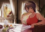  armpits backlighting bangs bare_arms bare_shoulders black_hair blurry blush breasts chair cheese cleavage coffee_mug collarbone cup curtains depth_of_field eating envelope food fork goggles goggles_removed green_eyes head_tilt hot_dog indoors jewelry looking_at_viewer mayta_(suisei_no_gargantia) medium_breasts mug necklace open_mouth open_window paper paw_print plate reading red_shirt shinjiro shirt short_hair sitting solo suisei_no_gargantia sunny_side_up_egg table tan tank_top teeth upper_body window 