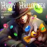 beard blurry brown_eyes brown_hair candy copyright_name cowboy_hat depth_of_field english facial_hair food gloves hair_over_one_eye halloween happy_halloween hat head_tilt highres holding lollipop looking_at_viewer male_focus mccree_(overwatch) open_mouth outstretched_arm overwatch solo trouba upper_body wrapped_candy 